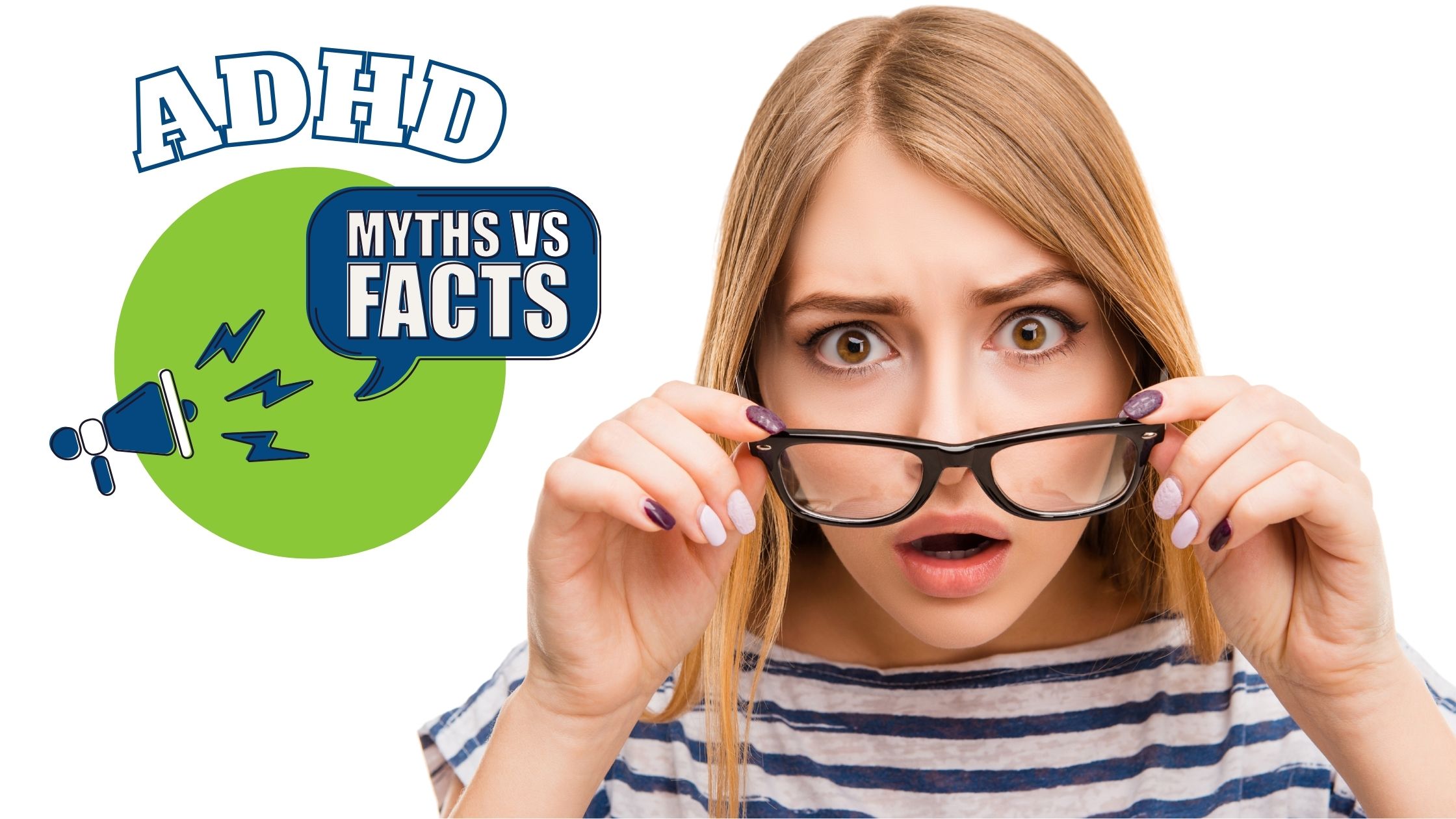 Woman looking astonished reading about the common myths about ADHD.